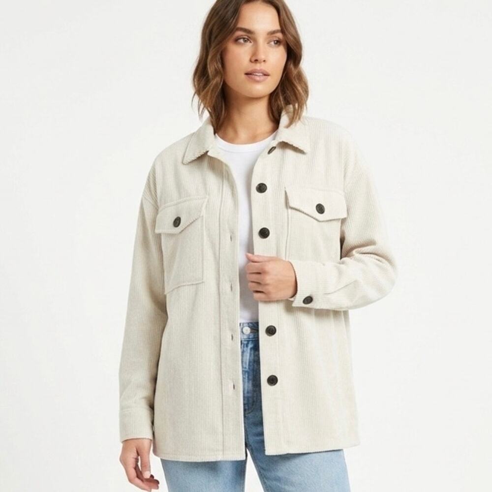CI Sono Women's Corduroy Button Down Shirt Jacket Size S Oversized Khaki Cream